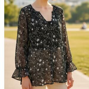 Modcloth Black Sheer Sparkle Star Long Sleeve Top Large